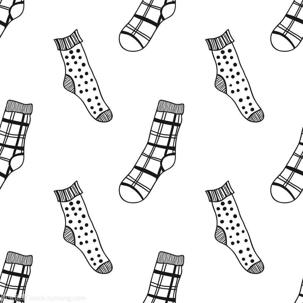 襪子。黑白無(wú)縫圖案, 用于著色書(shū)籍和頁(yè)面。針織服裝。矢量插圖